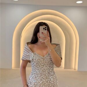 Elegant Off-Shoulder Pearl Embellished Dress